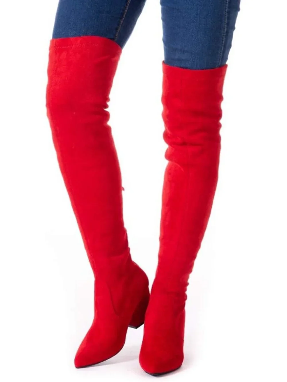 Women's Red Suede Pointed Toe Flat Comfort Over the Knee Thigh High Boots